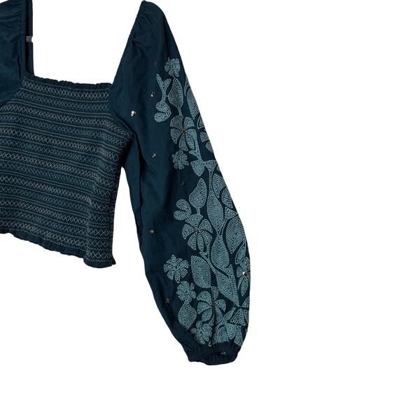 By Anthropologie Smocked Embroidered Floral Top Women’s XS Turquoise Green $98 - Picture 3 of 8